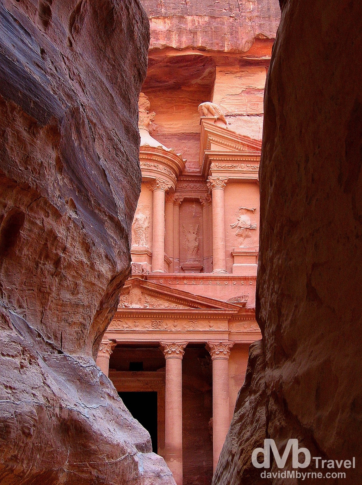 A section of the facade of the Al Khazneh (The Treasury) as seen from the narrow siq entering Petra, Jordan. April 27, 2008, 