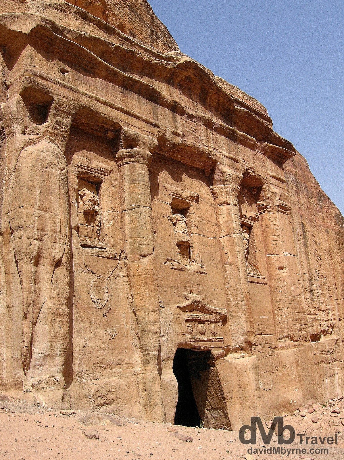 A weather-worn solid rock facade in Petra, Jordan. April 27, 2008.