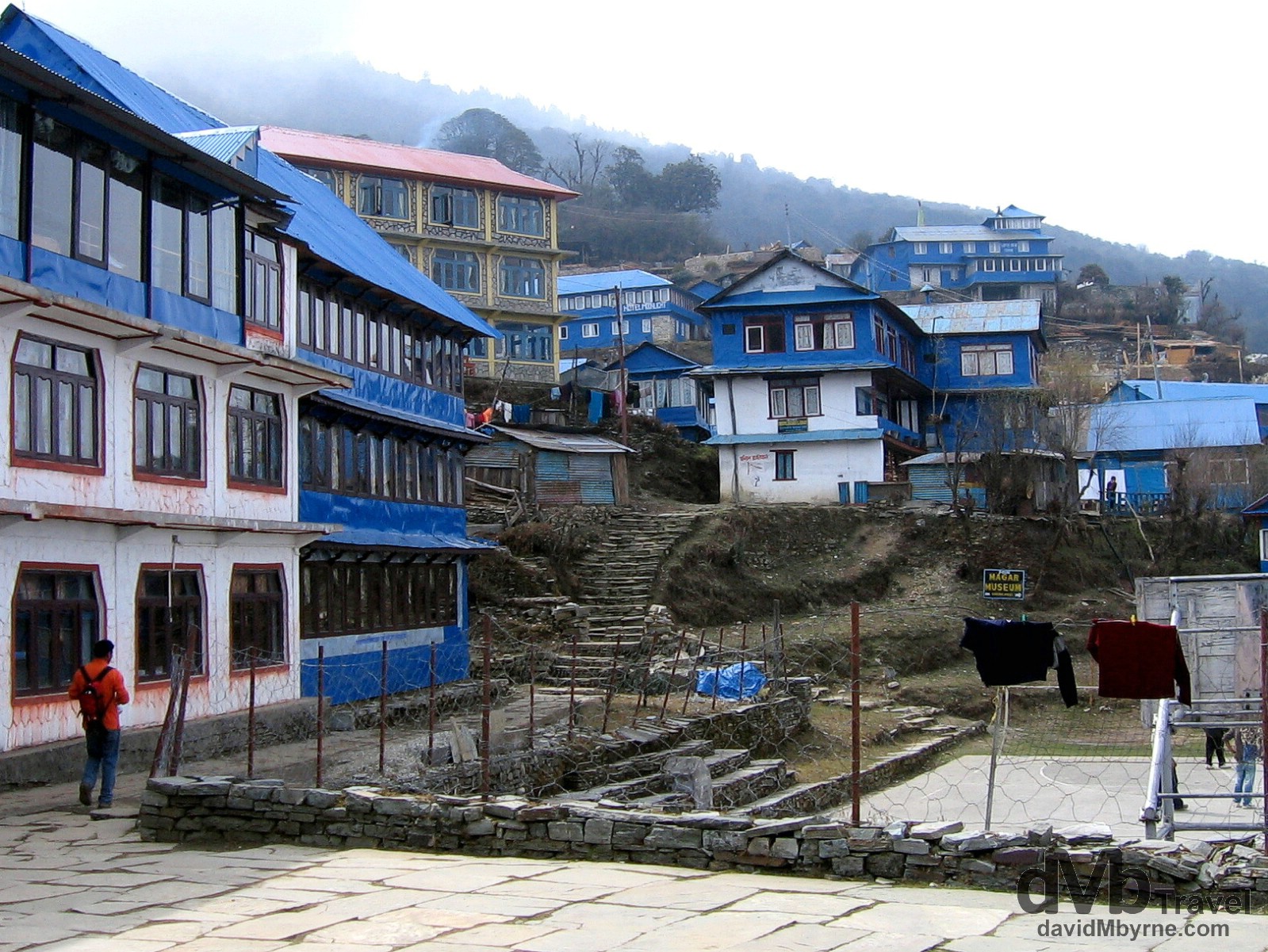 The distinctive blue buildings of Ghorepani village in the Annapurna Conservation Area, western Nepal, the overnight location for day 2 of the region's 3-day Poon Hill trek. March 12th, 2008.