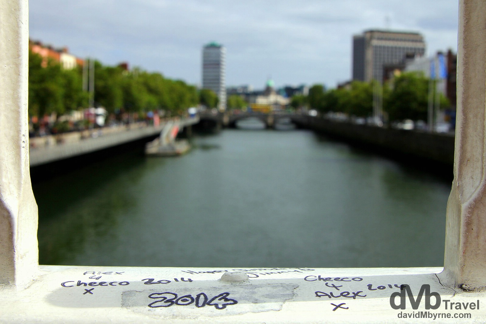 Graffiti on the Ha'penny Bridge spanning the River Liffey in Dublin, Ireland. September 1, 2014. 