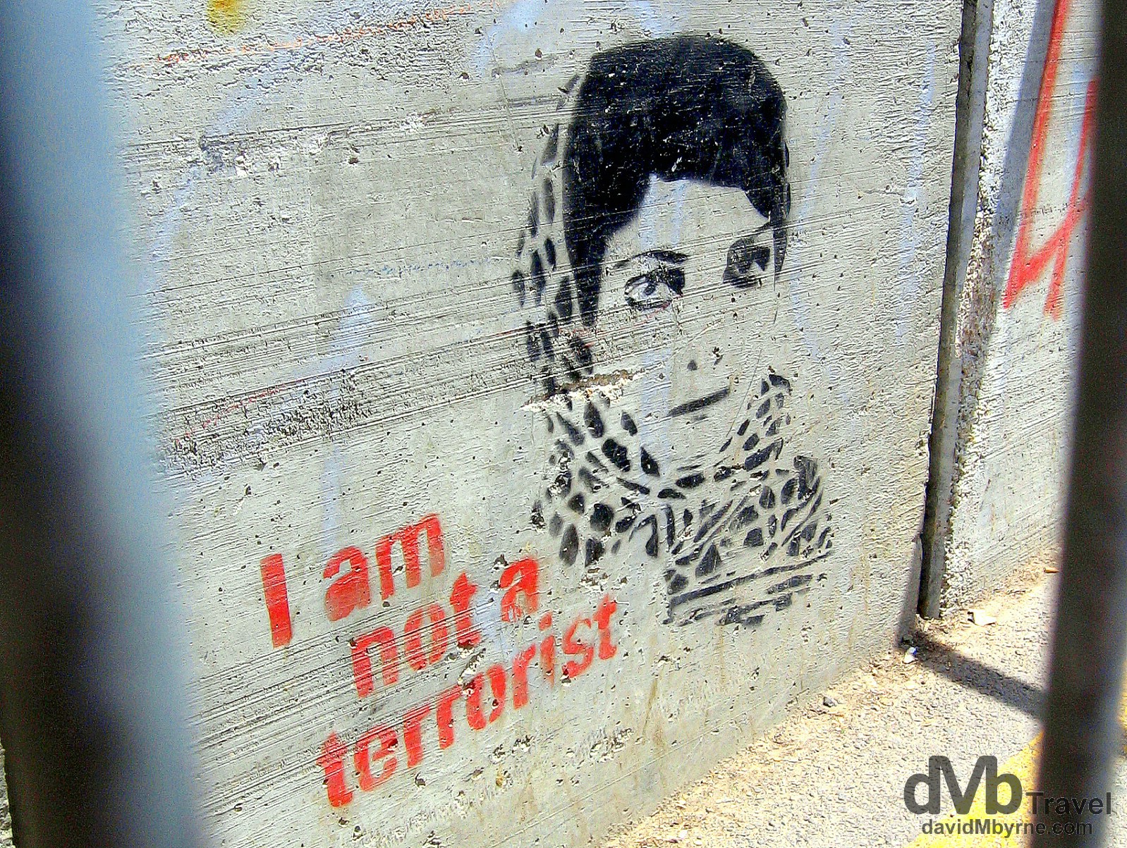 I am not a terrorist. A section of the heavily guarded wall separating the Palestinian West Back from Israel. May 2, 2008. 