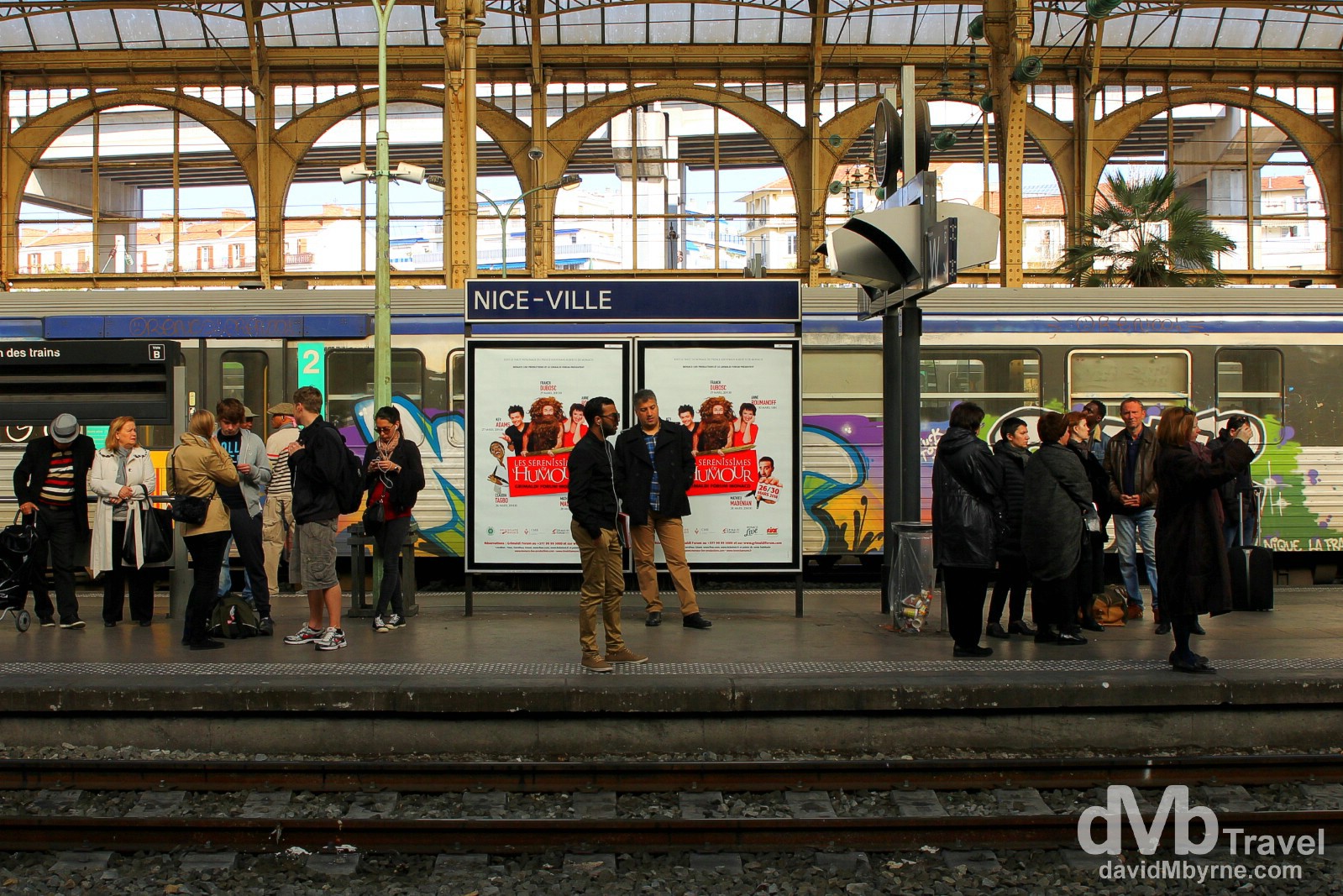 On the platform of Nice Ville train station, Nice, Côte d'Azur, France. March 14, 2014.