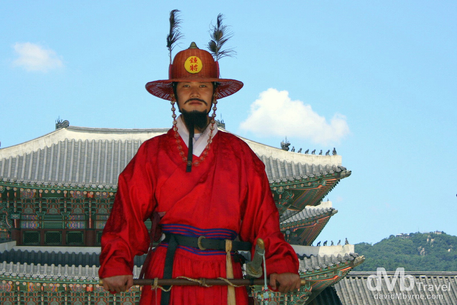 A ceremonial guard standing under the South Gate (Gwanghwamun) of Gyeongbok Palace, the largest & most important of the restored royal palaces in Seoul, South Korea. July 8, 2008.