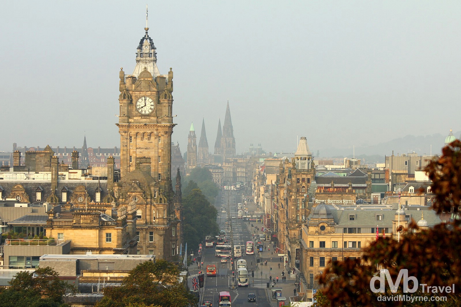 Morning activity on Princess Street as seen from Calton Hill in Edinburgh, Scotland. September 13, 2014.