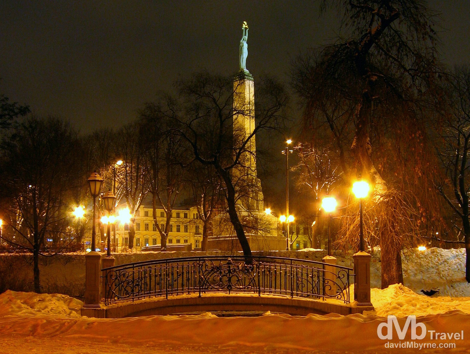Latvia's Freedom Monument as seen from Bastion Hill, Riga, Latvia. March 2, 2006.