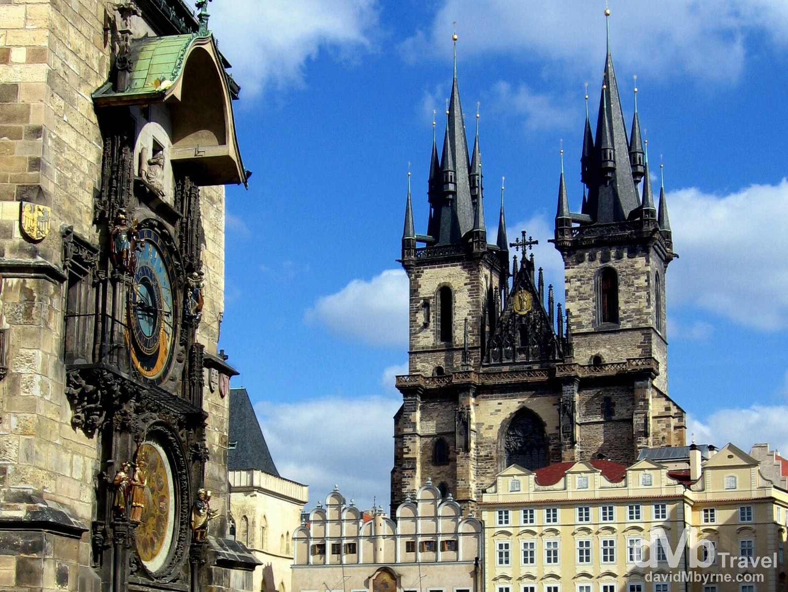The famous Astronomical Clock of Old Town Hall & the twin towers of the Gothic Týn Church on Old Town Square, Prague, Czech Republic. March 8, 2006.  