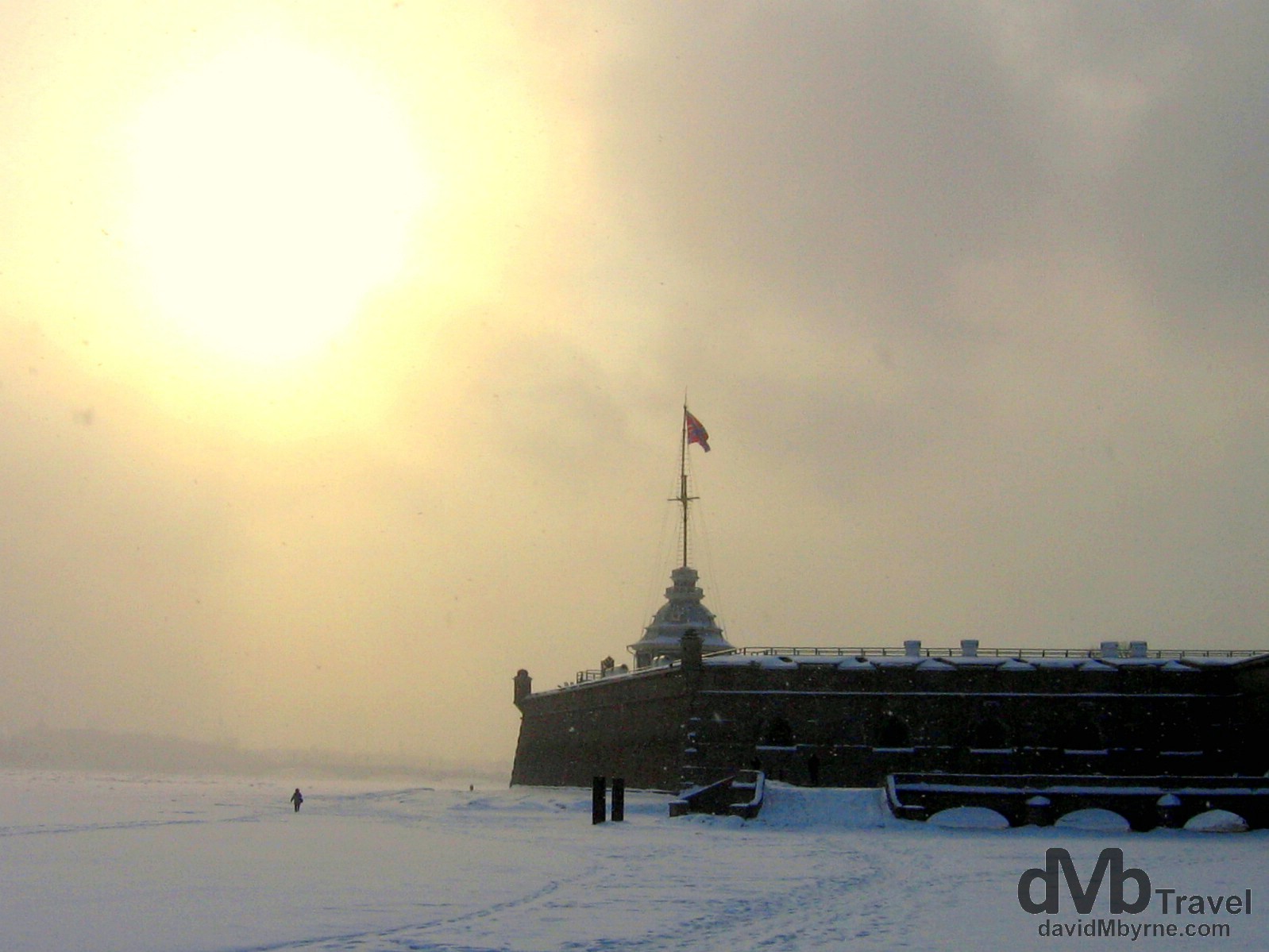 A snow blizzard outside the walls of the Peter & Paul Fortress in St. Petersburg, Russia. February 28, 2006.