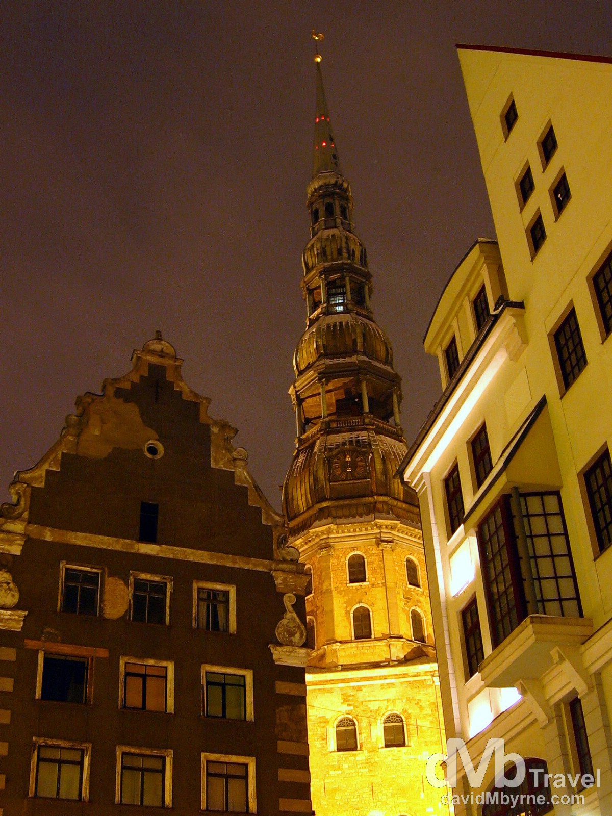 Building facades & the tower of Riga's skyline centerpiece, St Peter's Church, as seen Town Hall Square, Riga, Latvia. March 2, 2006.