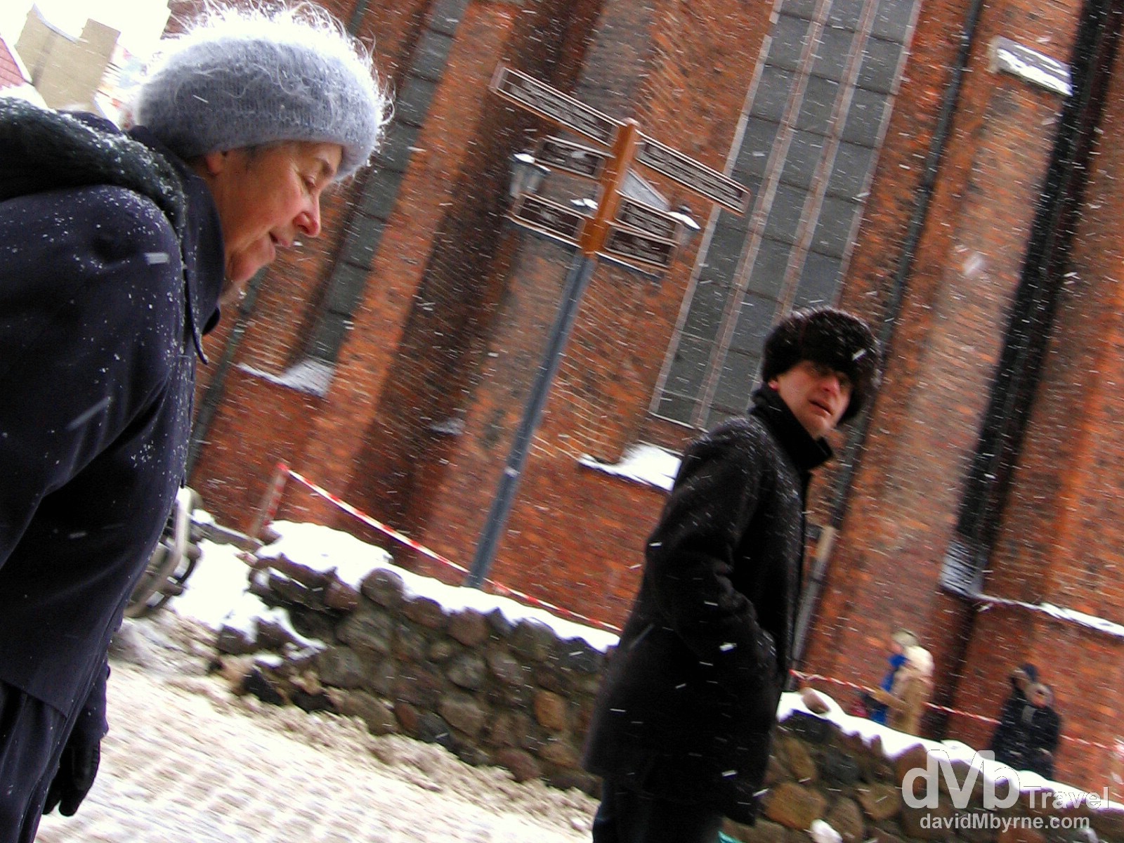 Battling a snow blizzard in Old Town, Riga, Latvia. March 3, 2006. 