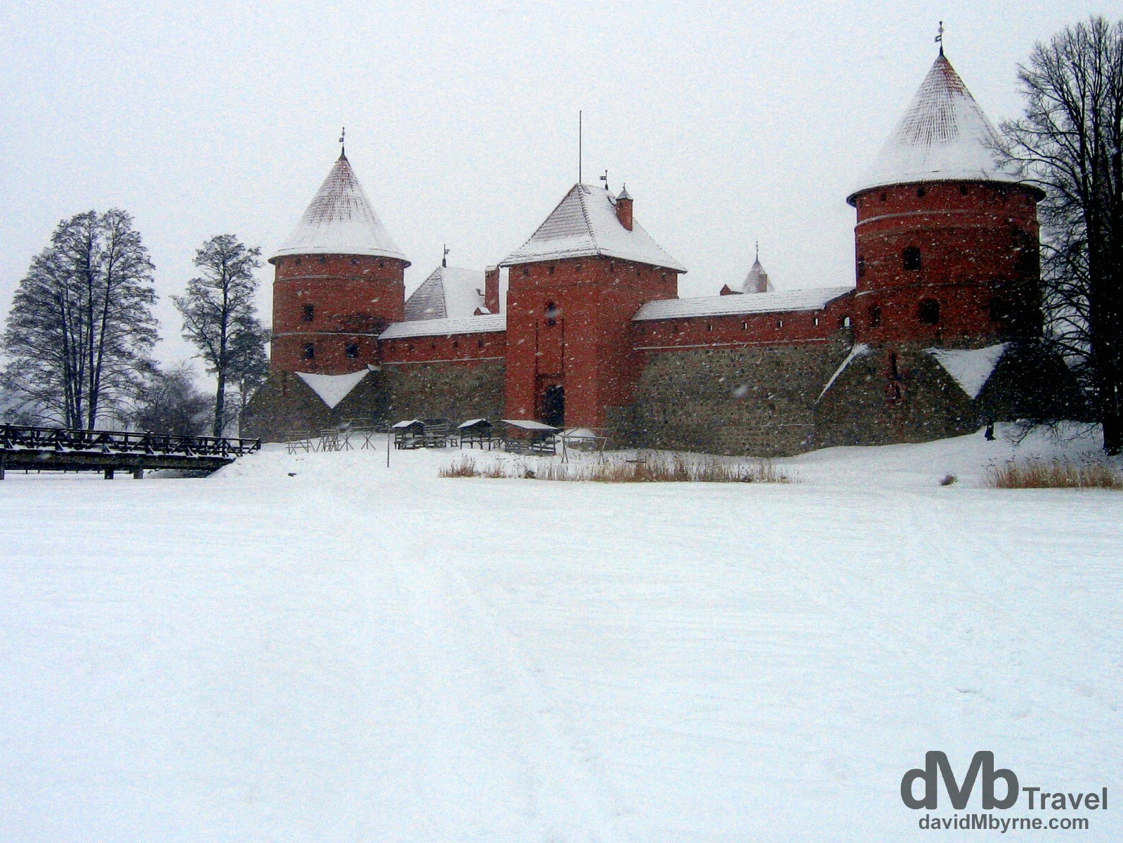 Trakai Castle as seen during a blizzard from the frozen surface of Lake Galv?. Trakai, Lithuania. March 4, 2006.