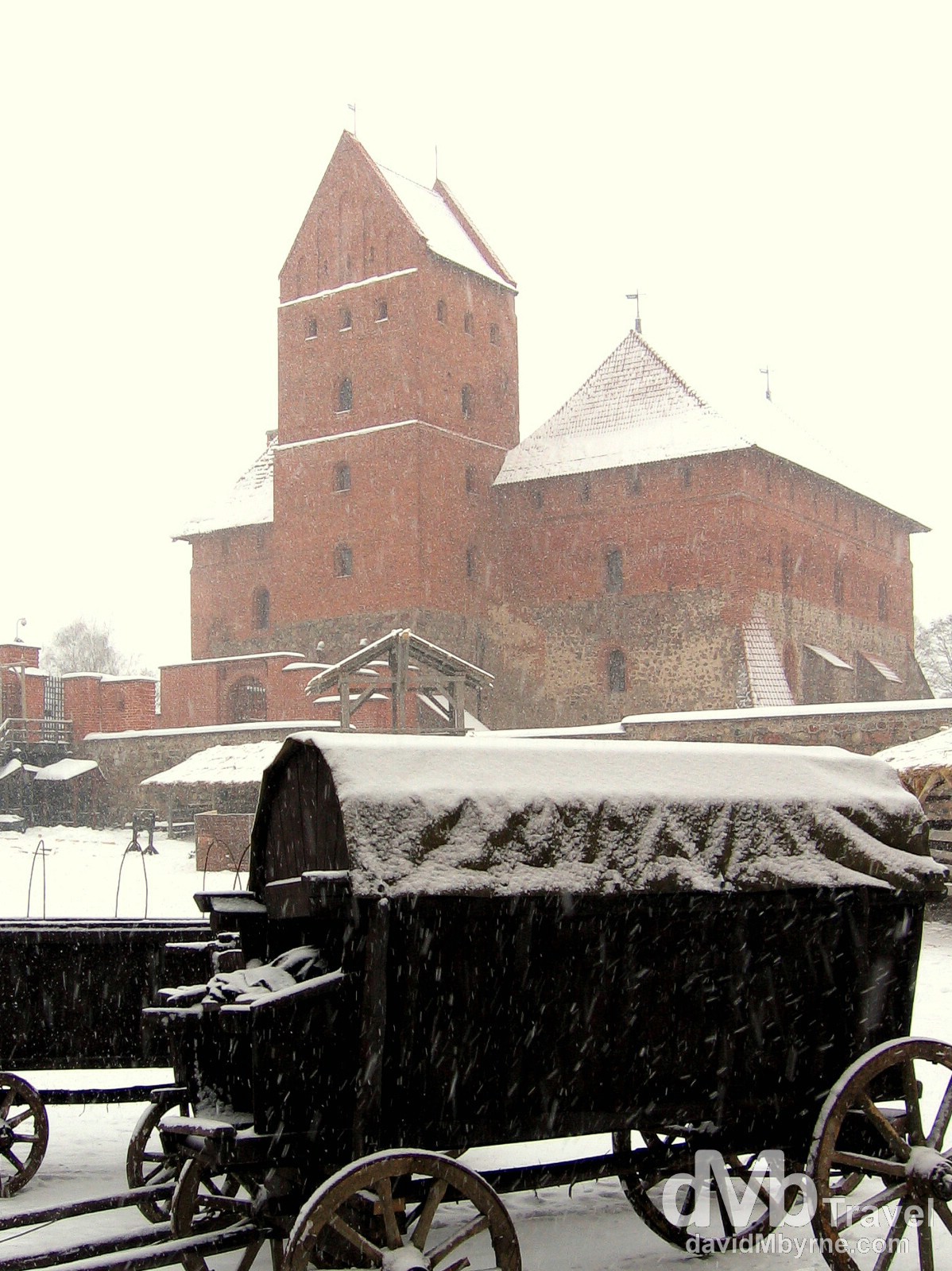 In the central courtyard of Trakai Castle during a heavy blizzard. Trakai, Lithuania. March 4, 2006.