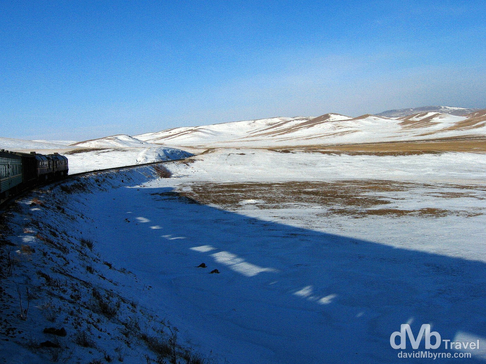 Countryside as seen from the Trans-Mongolian train approaching the Mongolian capital of Ulan Bator. February 15, 2006. 