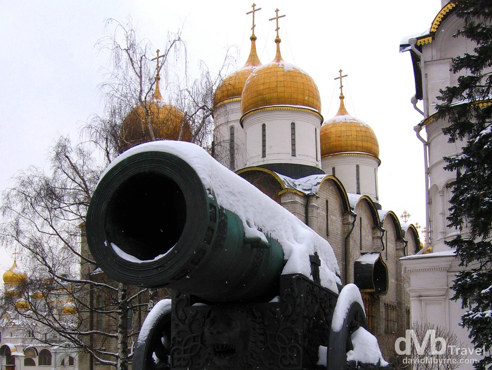The massive Tsar Canon in front of the Assumption Cathedral in the grounds of the Kremlin in Moscow, Russia. February 26, 2006.