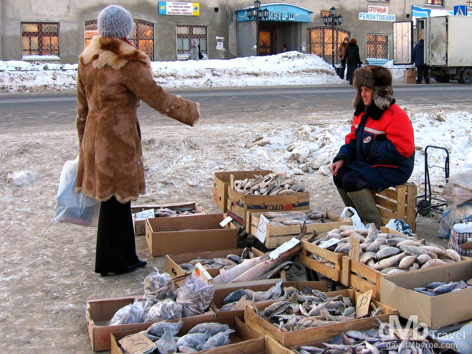 Fish for sale outside the Old Town market in Tobolsk, Siberian Russia. February 22, 2006.