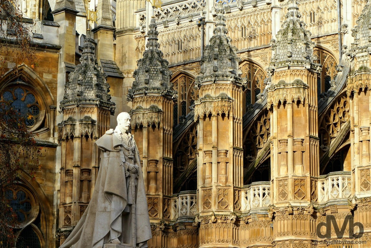 A statue & section of the fabulous Westminster Abbey in London, England. December 12, 2014.