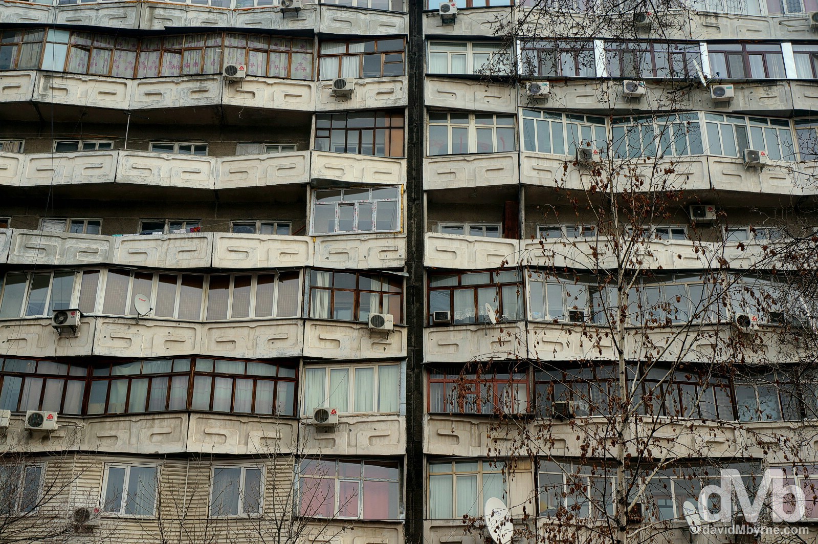 Apartment buildings on Abdrahmanov Street (Sovetskaya Street) in Bishkek, Kyrgyzstan. February 23, 2015.