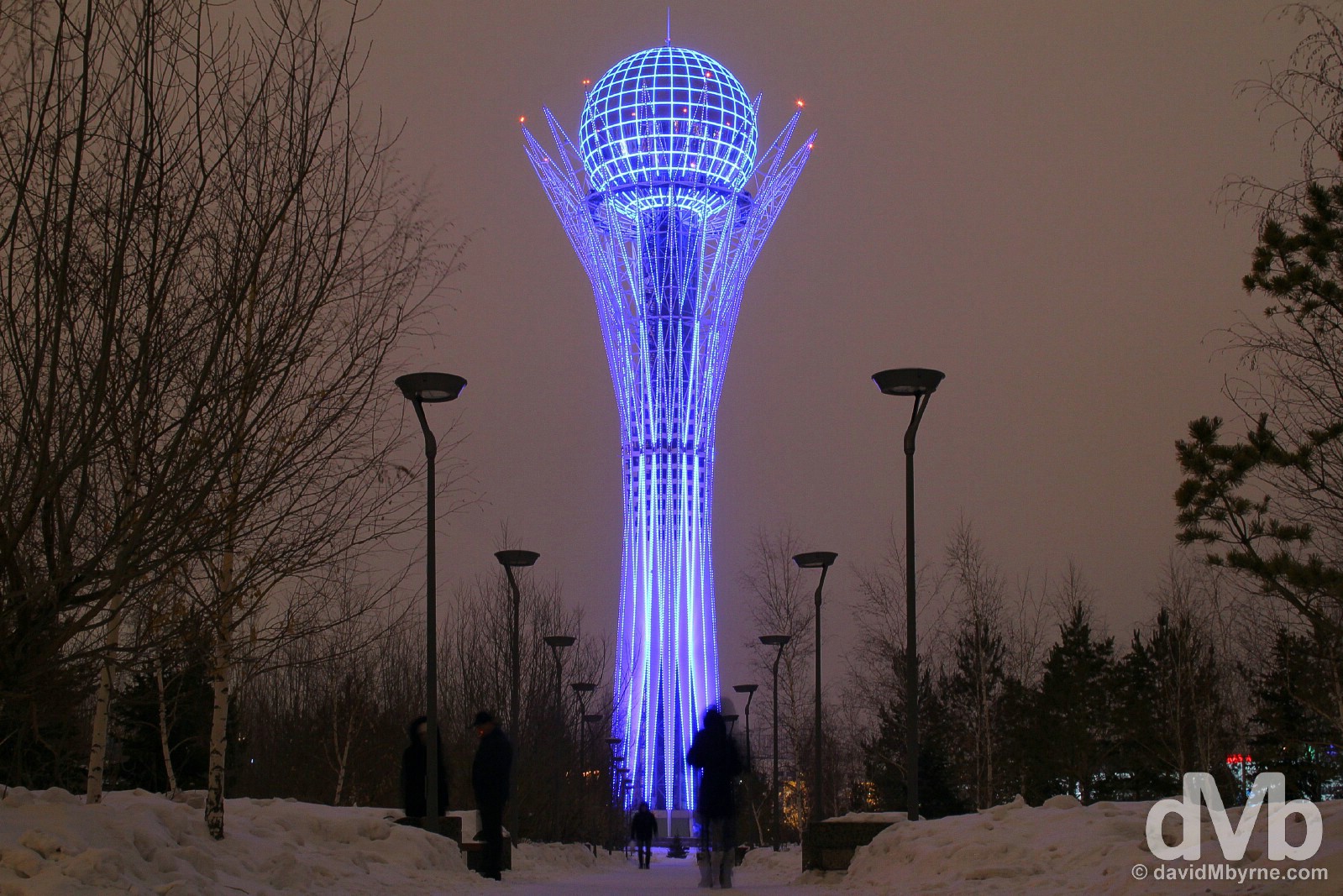 A nighttime view of the Bayterek Monument in Astana, Kazakhstan. February 16, 2015.