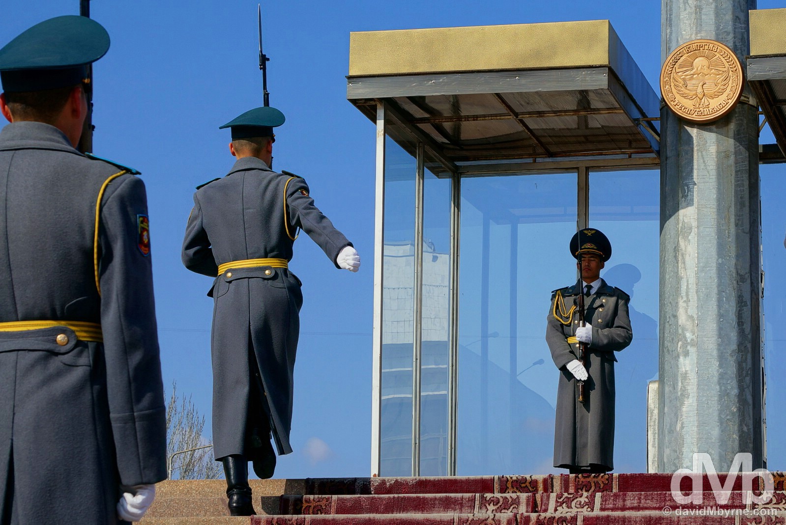 The ceremonial changing of the guard at the base of the flagpole in Ala-Too Square, central Bishkek, Kyrgyzstan. February 27, 2015.