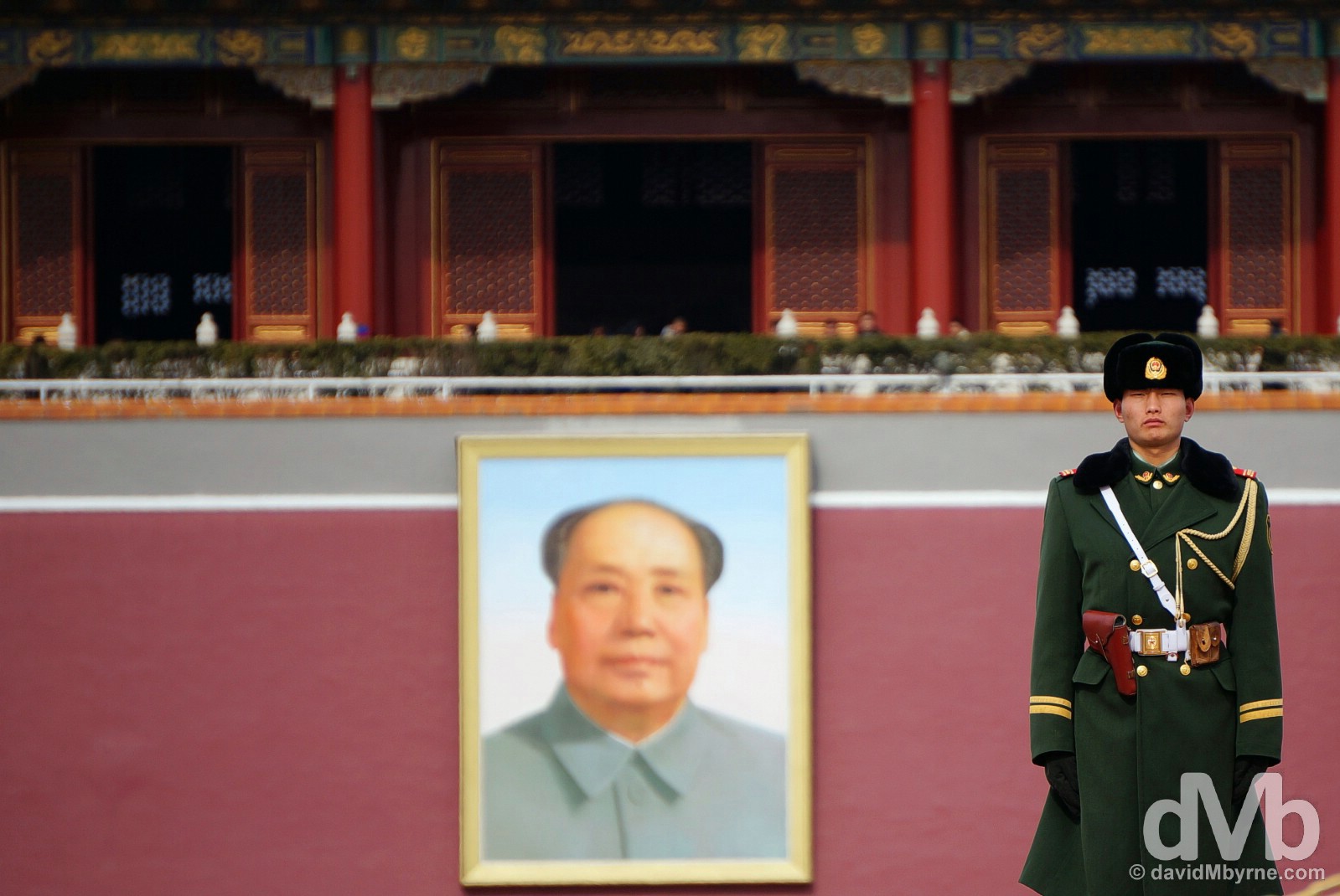 A guard in Tiananmen Square fronting the Tiananmen Gate, or Gate of Heavenly Peace, the entrance to the Place Museum, a.k.a. The Forbidden City, in Beijing, China. February 4, 2015.