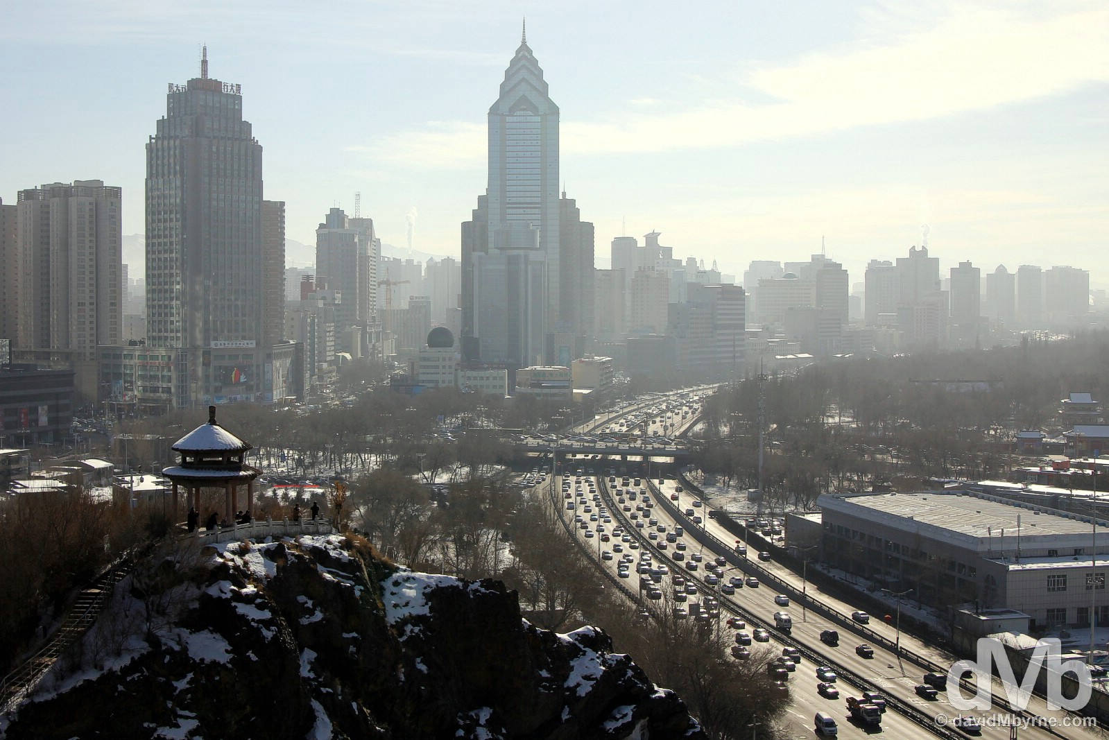 Urumqi as seen from the highest point in the city's Hongshan (Red Hill) Park. Urumqi, northwestern China. February 11, 2015.