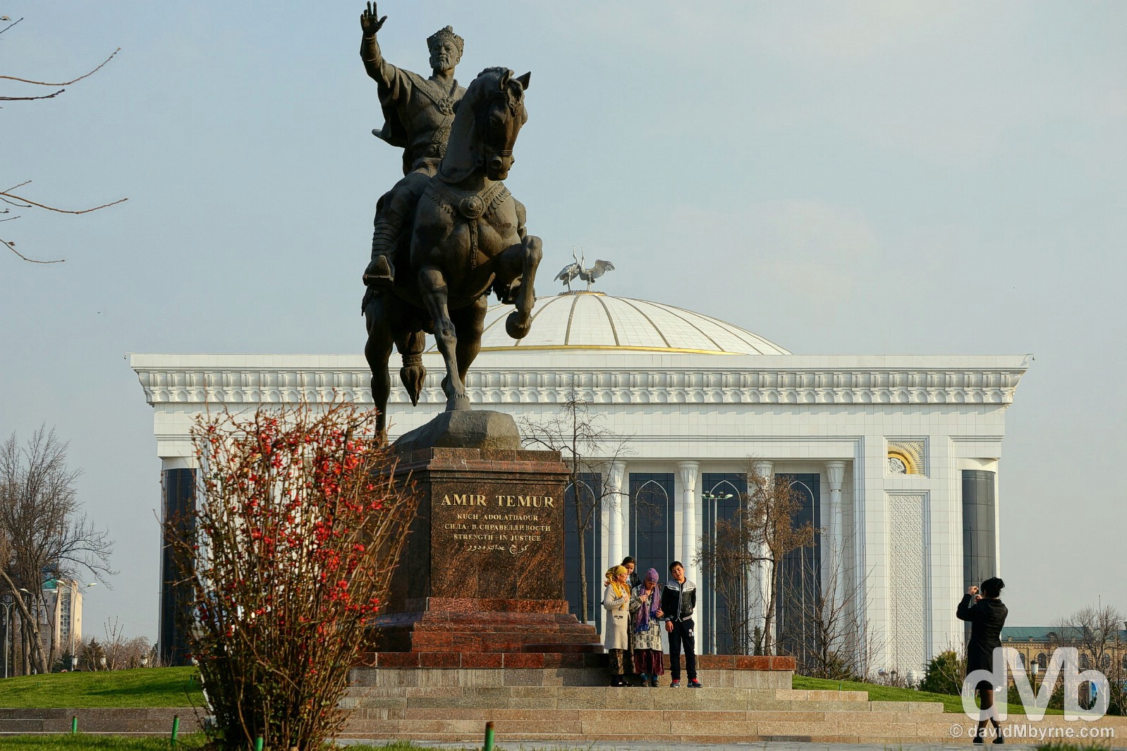 Photo time by the Timur Statue in Amir Timur Maydoni, the ceremonial centre of Tashkent, Uzbekistan. March 5, 2015.