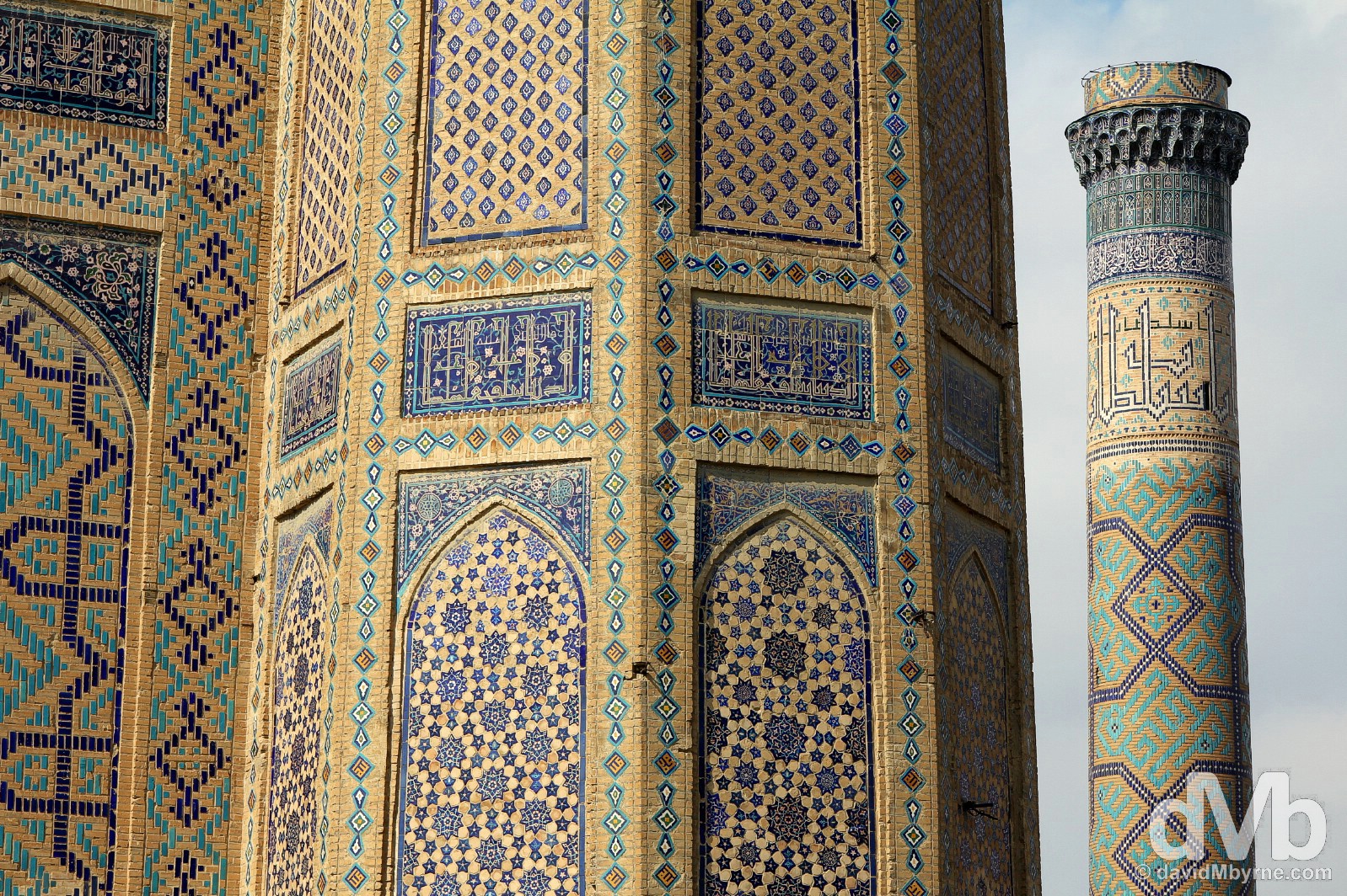 Tilework detail on the main facade & minaret of the Bibi-Khanym Mosque in Samarkand, Uzbekistan. March 8, 2015. 