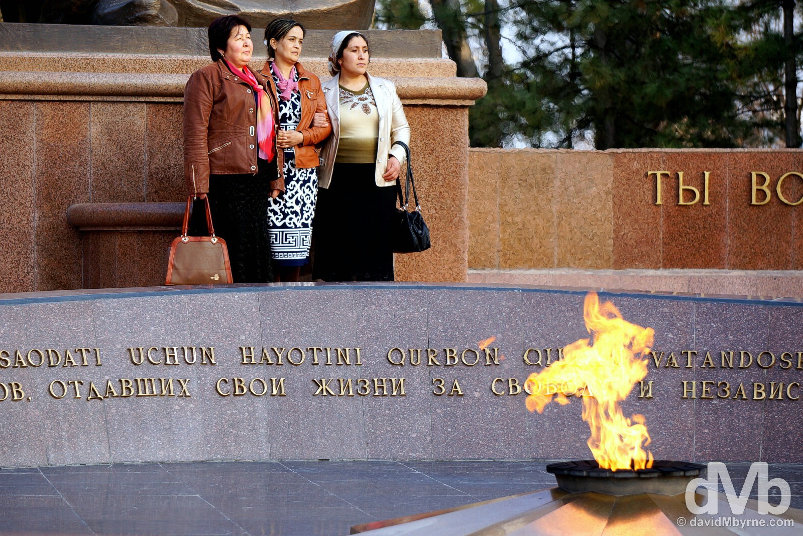 Posing by the Crying Mother Monument in Mustaqillik Maydoni, Tashkent, Uzbekistan. March 5, 2015.