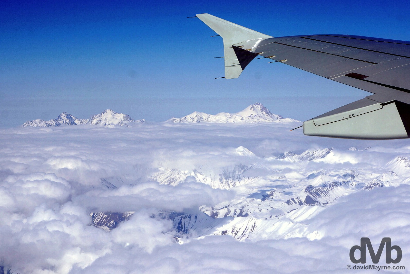 Caucasus Mountain scenery as seen from Siberia S7 Airlines flight 955 en route from Moscow, Russia, to Tbilisi, Georgia. March 18, 2015.   