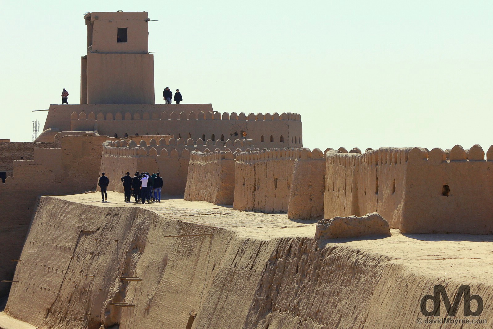 Walking atop the city wall towards the Kuhna Ark Watchtower in Khiva, Uzbekistan. March 14, 2015.