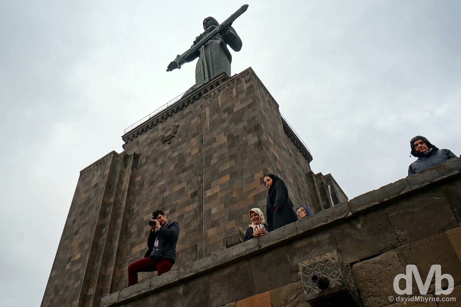 At the base of the 51-metre high Mayr Hayastan (Mother Armenia) overlooking Yerevan, Armenia. March 24, 2015.
