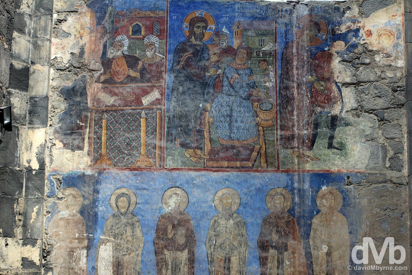 Murals on the walls of the Akhtala Monastery in Lori Marz, Armenia. March 26, 2015.