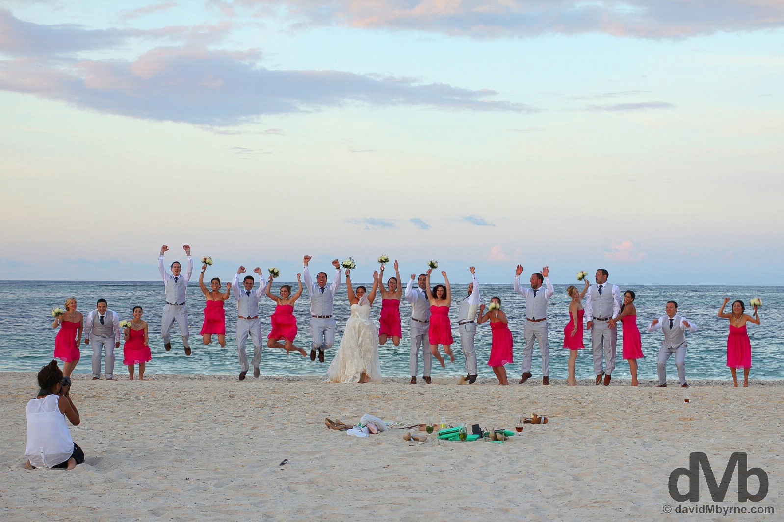 Wedding jump shot on Bavaro Beach, Punta Cana, Dominican Republic. May 28, 2015.