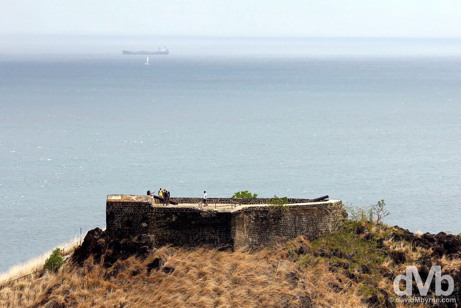 Fort Rodney & far-off shipping as seen from Signal Peak on Pigeon Island, St. Lucia, Lesser Antilles. June 16, 2015.
