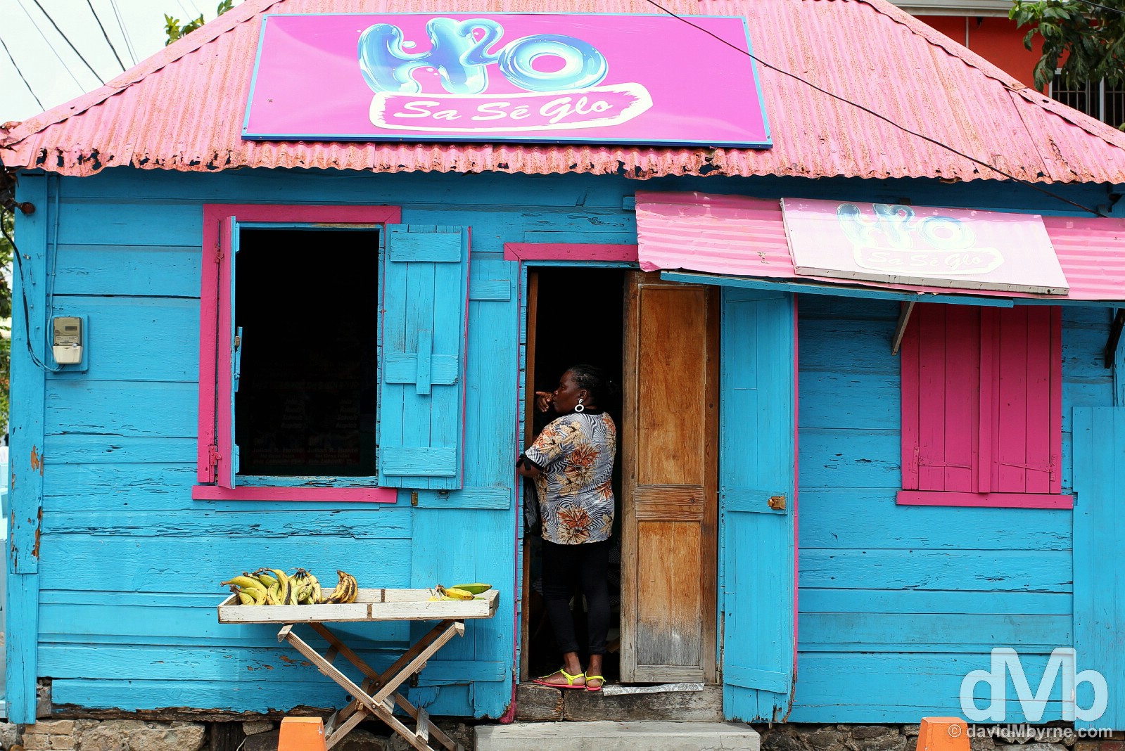 A colourful wooden building in the fishing village of Gros Islet, St. Lucia, Lesser Antilles. June 13, 2015.