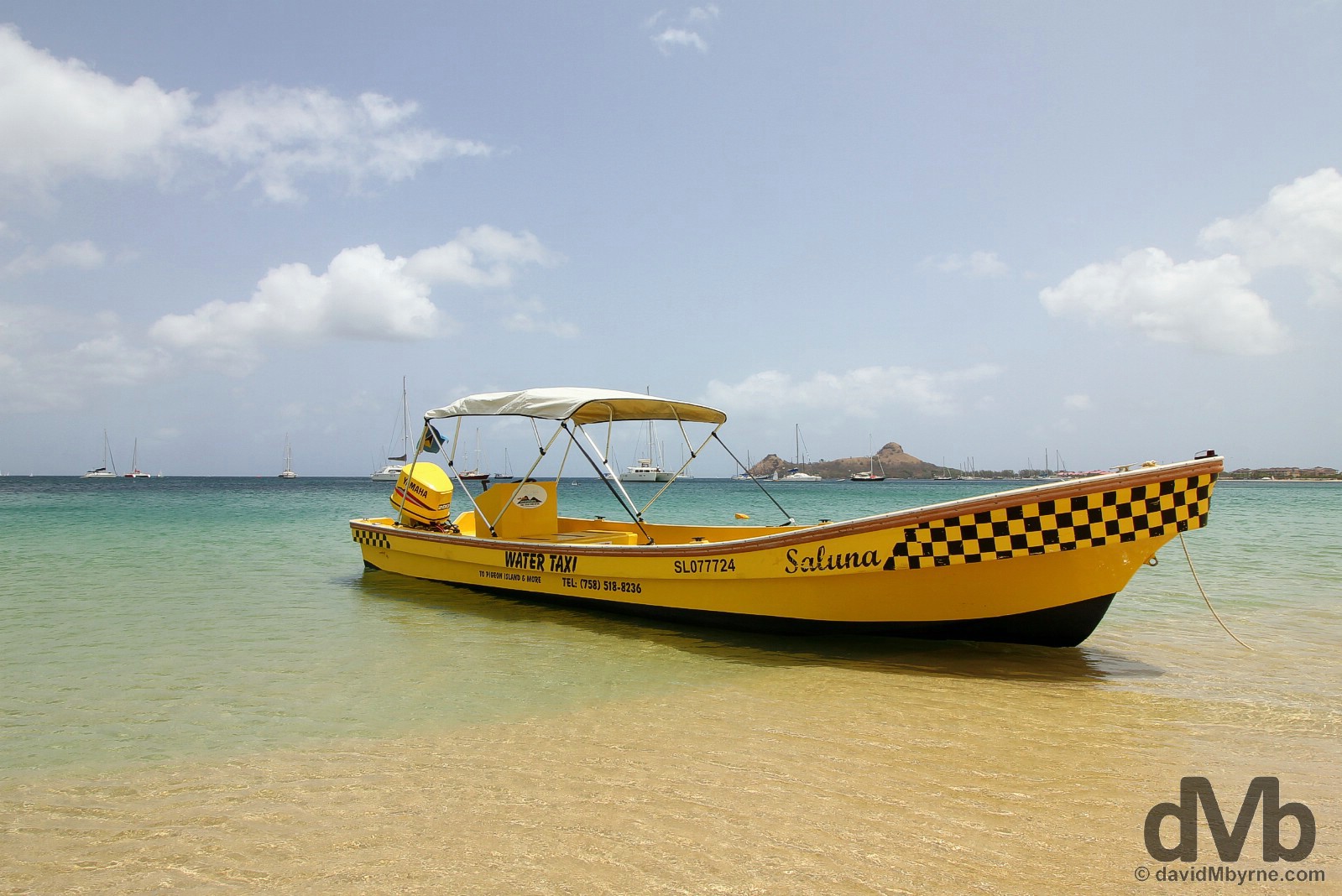 A water taxi on Reduit Beach, Rodney Bay, St. Lucia, Lesser Antilles. June 14, 2015.