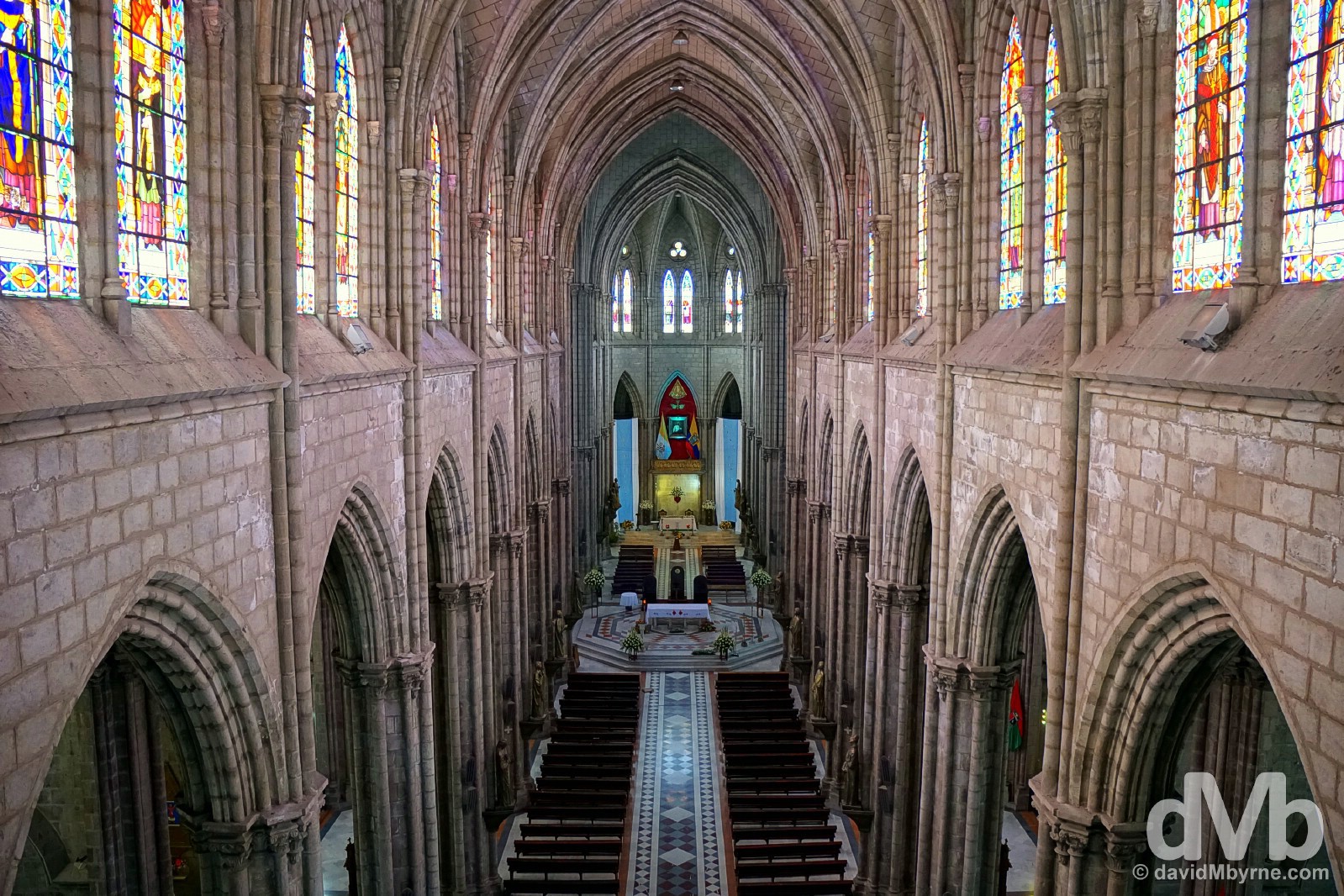 The interior of the Gothic Basilica del Voto Nacional in Quito, Ecuador. July 4, 2015.