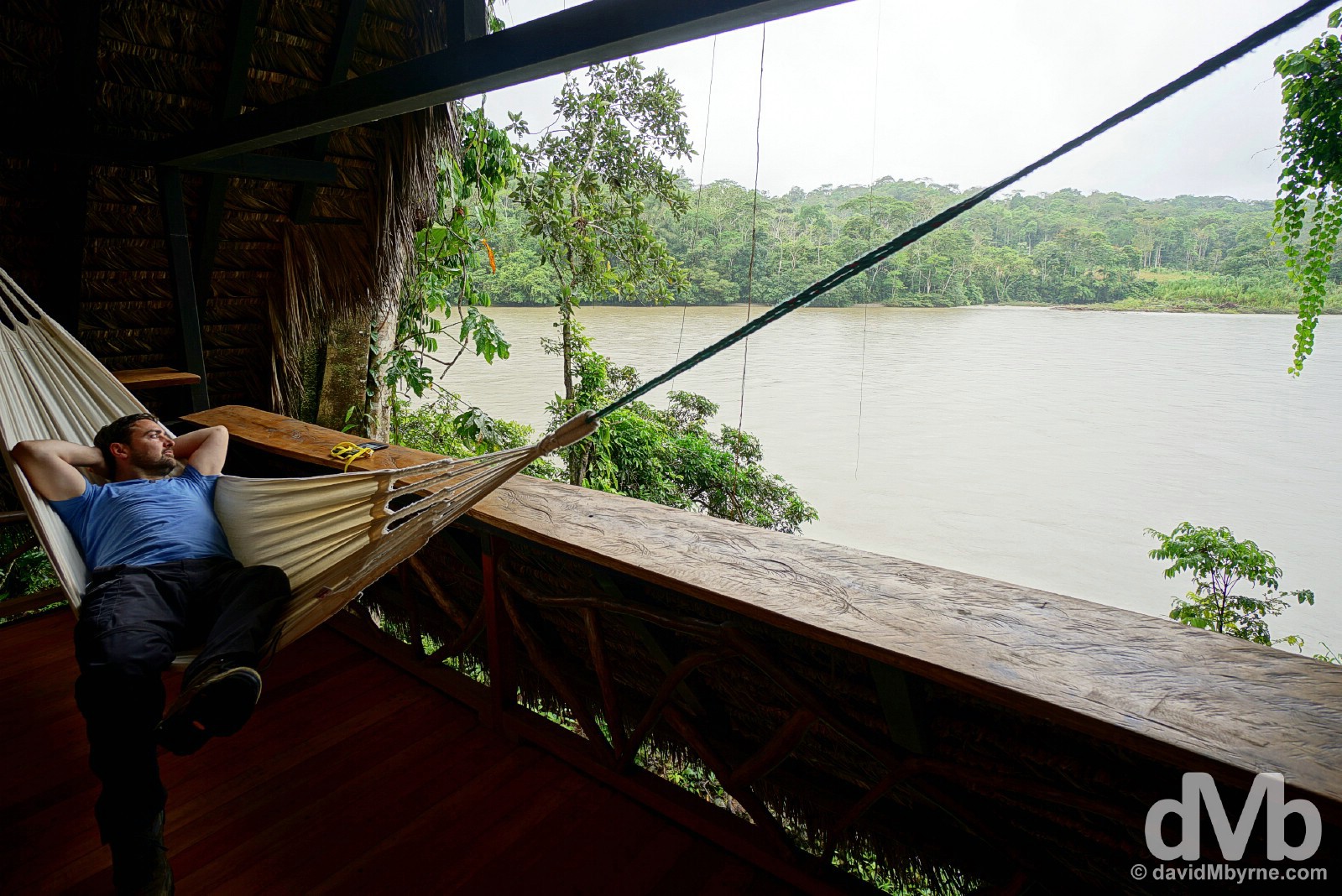 Relaxing overlooking the Napo River from Lodge 13 of Cotococha Amazon Lodge, Ecuador. July 12, 2015.