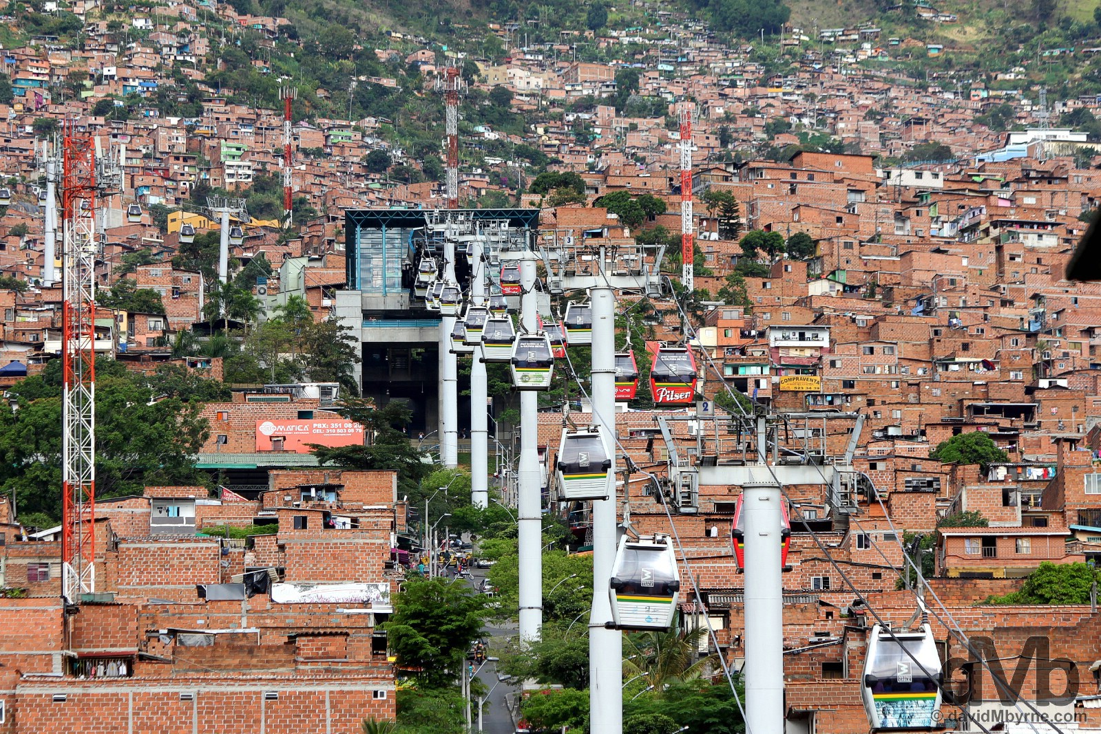 A section of the Metrocable & distinctive redbrick hillside buildings in Medellin, Colombia. June 27, 2015.