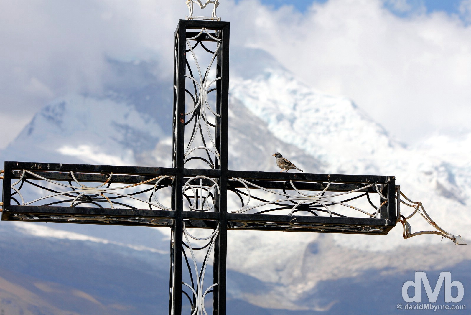 One of the many memorial crosses at the site of the submerged old town of Yungay, Ancash, Peru. August 5, 2015. 