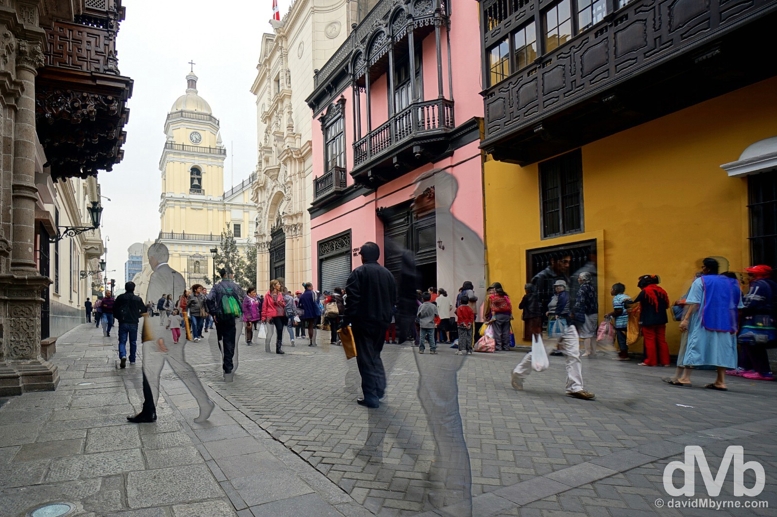 Architecture & pedestrians on Jiron Ucayali in Lima Centro, Lima, Peru. August 7, 2015. 