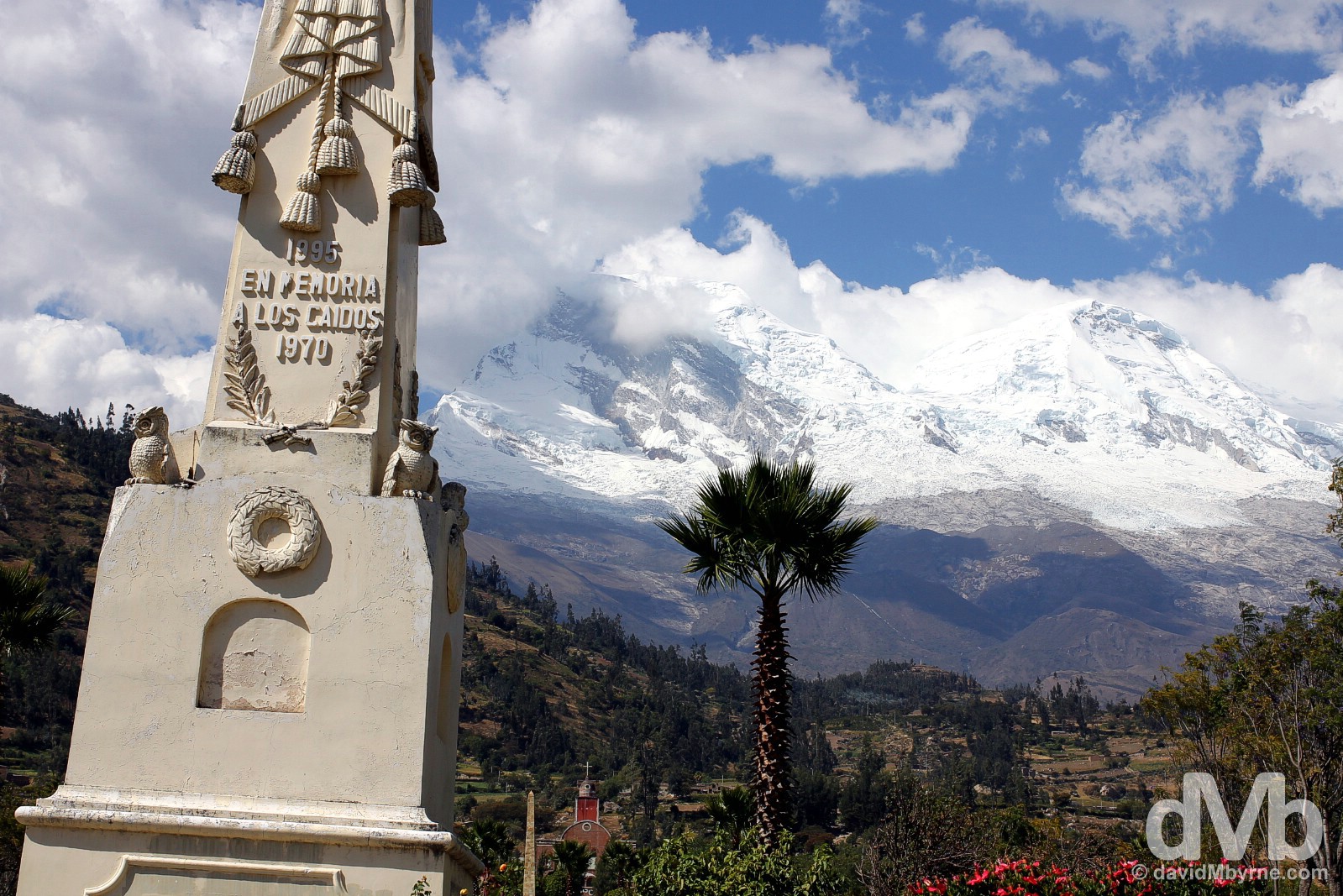 A memorial obelisk to the 1970 Ancash Earthquake & Landslide at the site of the submerged old town of Yungay, Ancash, Peru. August 5, 2015. 