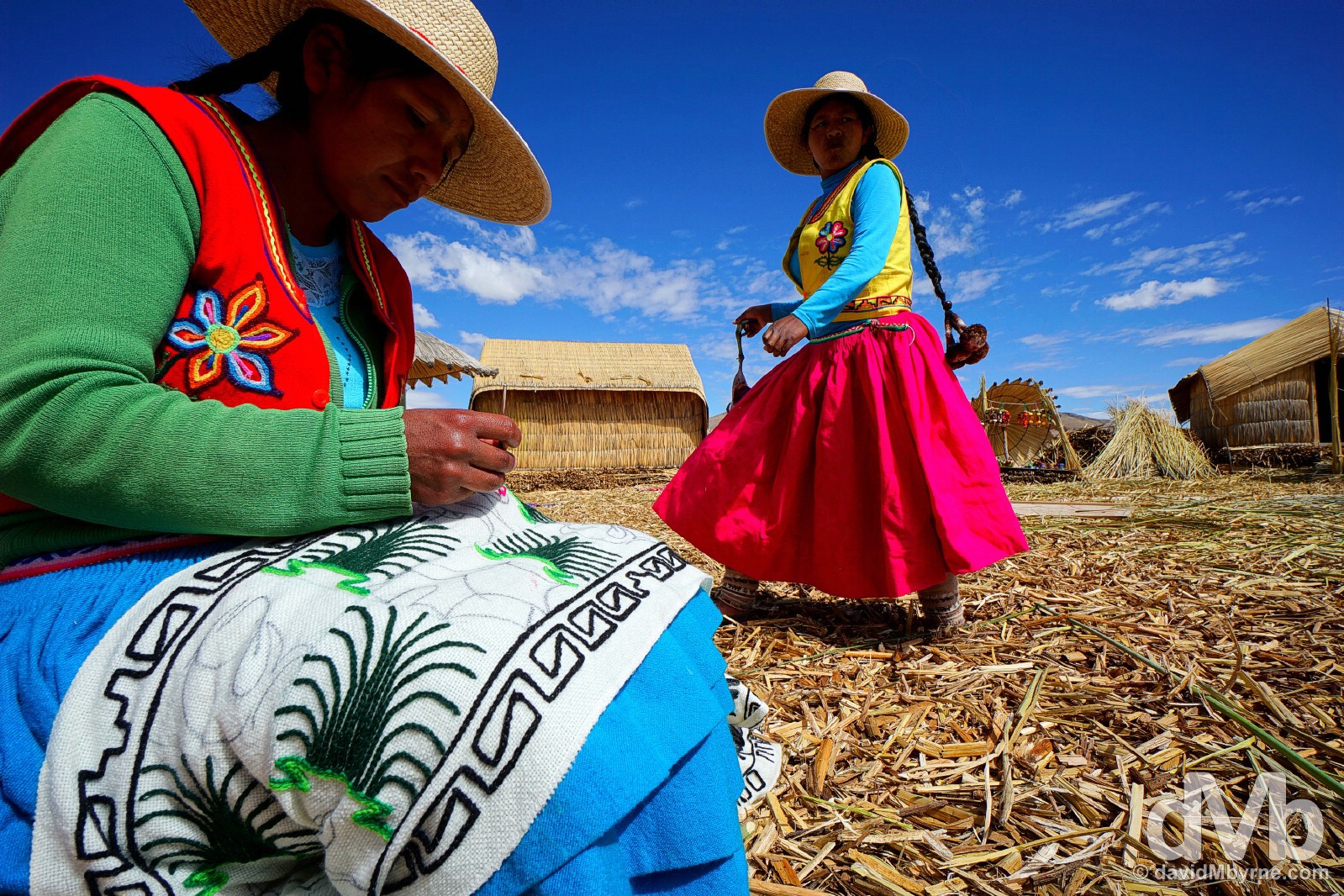 Locals on the floating Uros Islands, Lake Titicaca, Peru. August 19, 2015. 