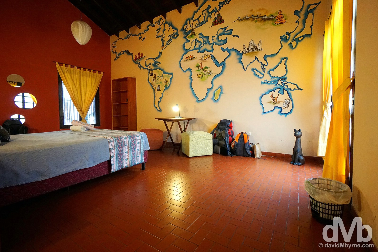 Home in Asuncion. Room 3 of El Nomada Hostel. I'd love this room even if not for the massive, wanderlust-inducing wall map. Asuncion, Paraguay. September 8, 2015.