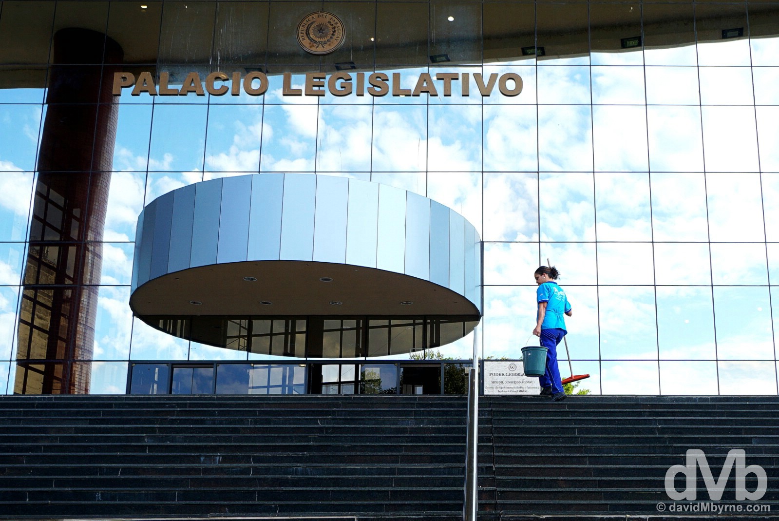Cleaning the steps of the Palacio Legislativo in Asuncion, Paraguay. September 9, 2015. 