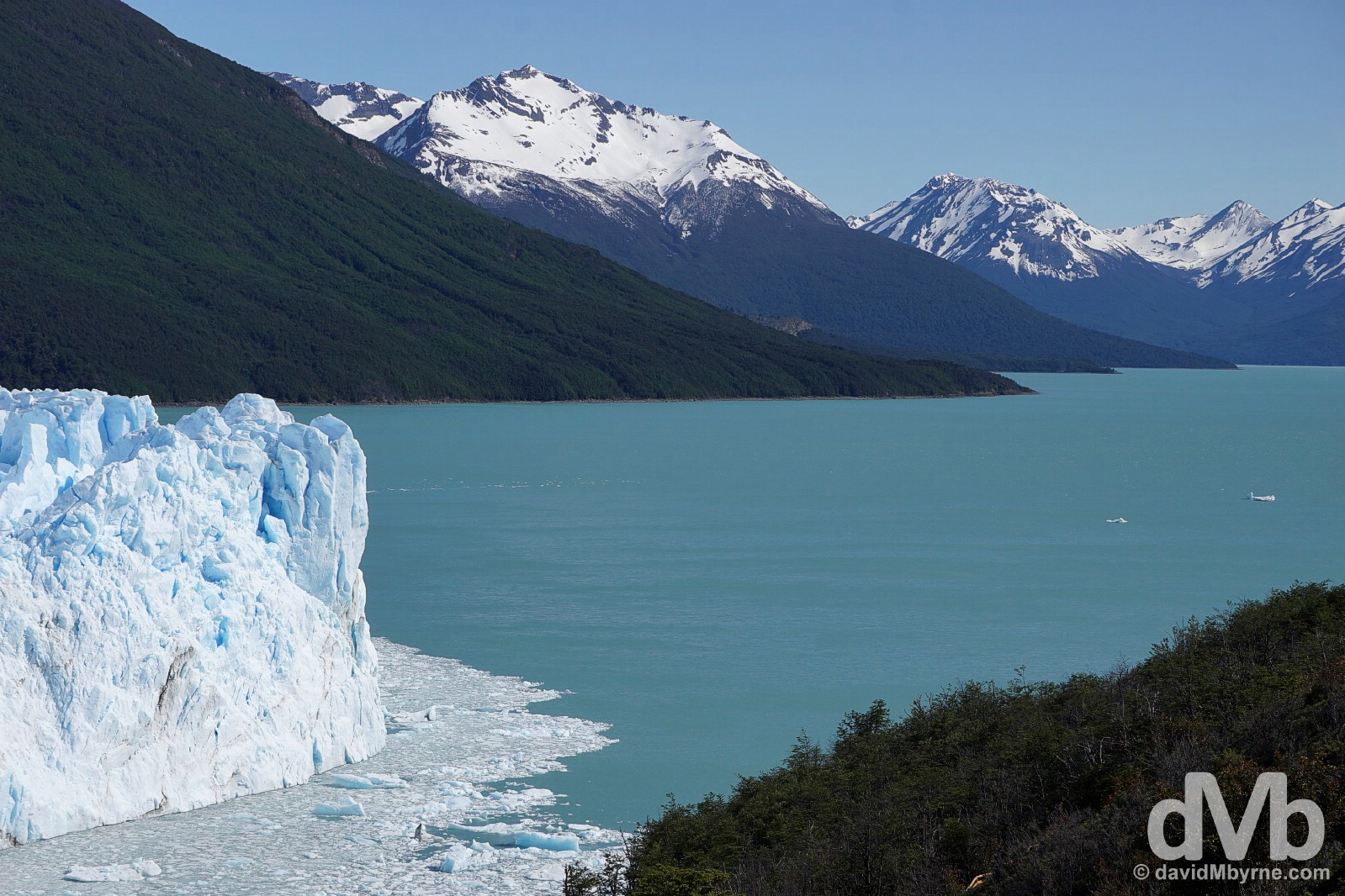 The 60 metre-high snout of the Perito Moreno Glacier, the Canal de los Tempanos (Iceberg Channel) & Lago Argentino as seen from the system of elevated walkways on Peninsula Magallanes of Parque Nacional Los Glaciares, southern Patagonia, Argentina. November 2, 2015.
