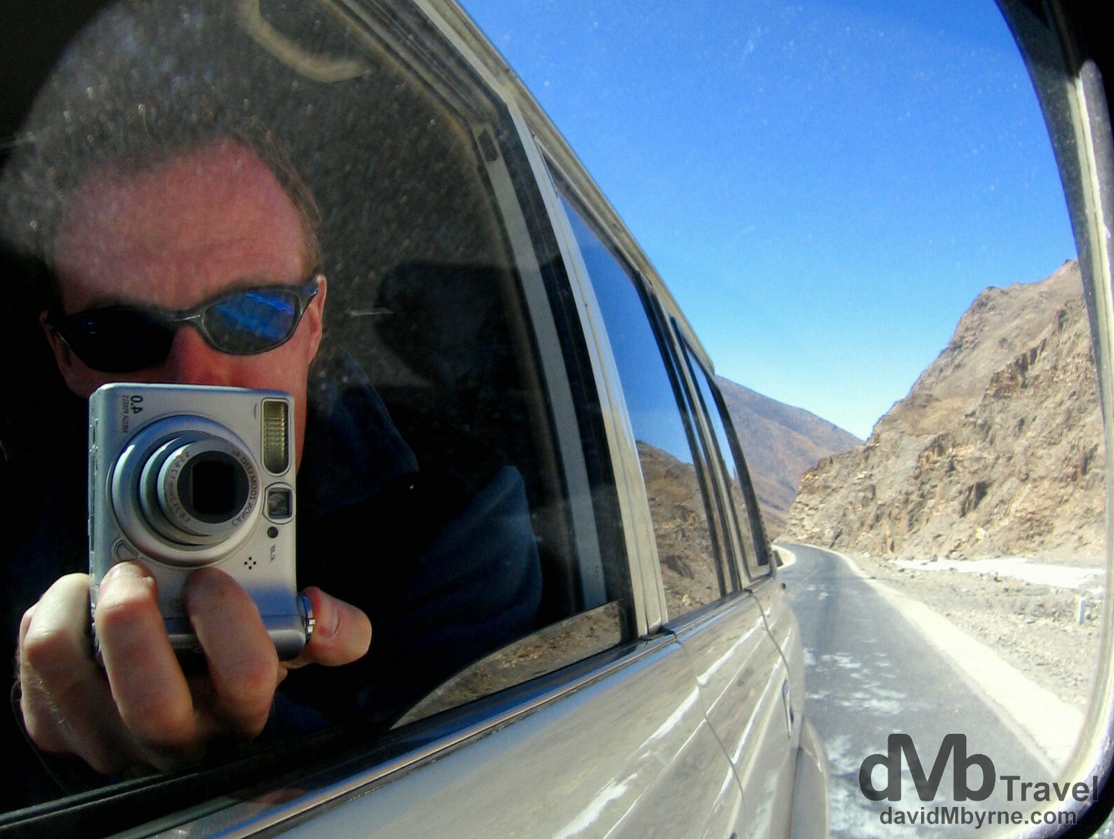 Front seat reflection selfie on the Friendship Highway, Tibet. March 2, 2008.
