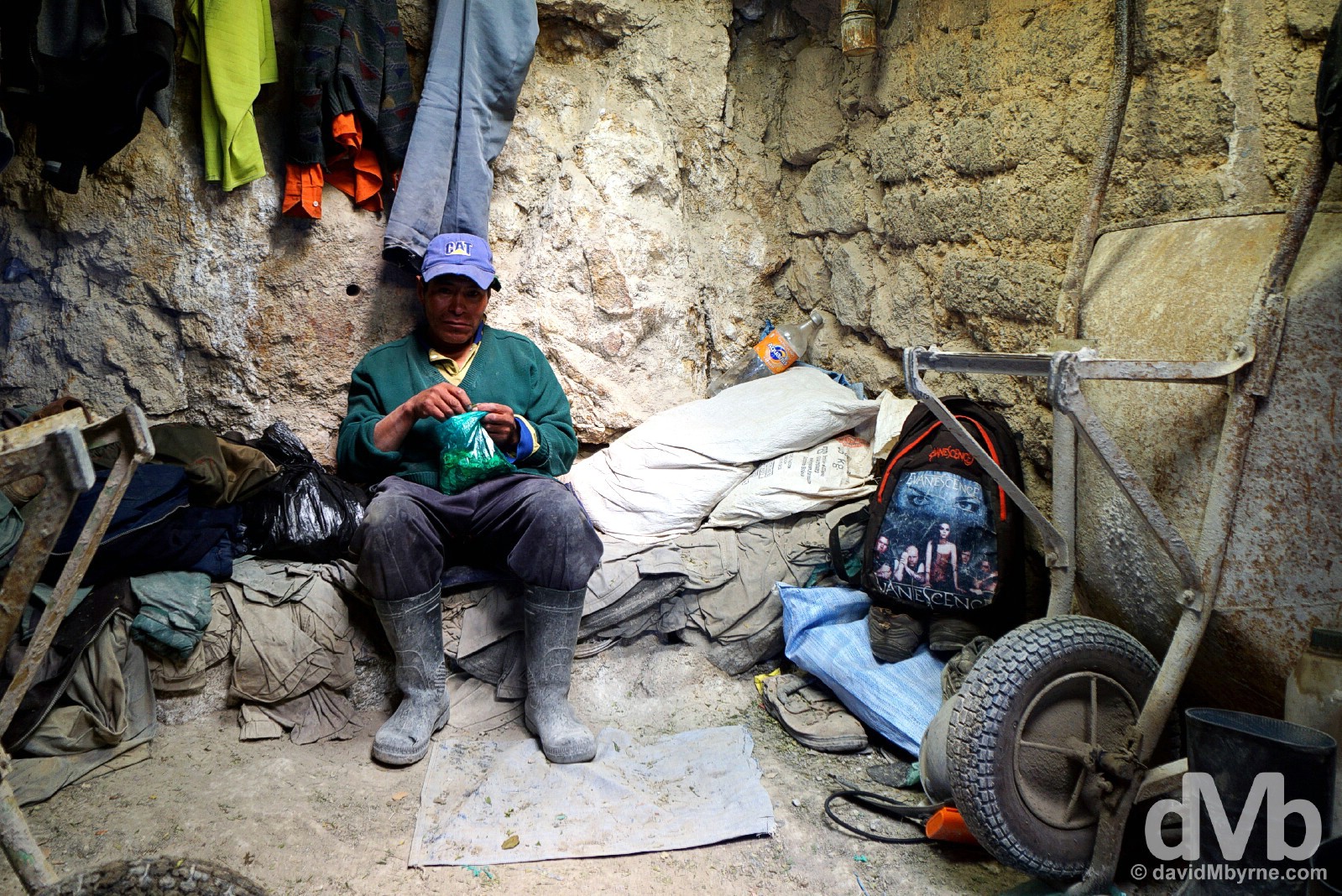 A miner during a break from work in the Cerro Rico Mines, Potosi, Bolivia. September 1, 2015.