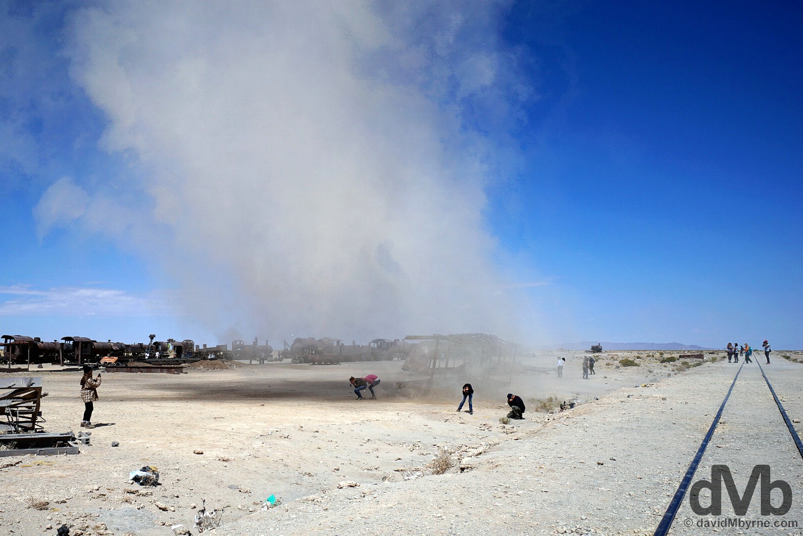 A sand twister at the Train Cemetery on the outskirts of Uyuni, southern Bolivia. September 3, 2015.