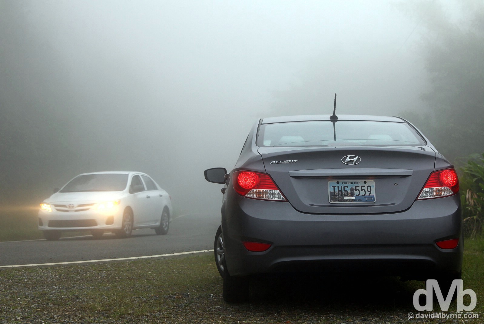 Hire car (& mist) on Ruta Panoramica, central Puerto Rico, Greater Antilles. June 4, 2015. 