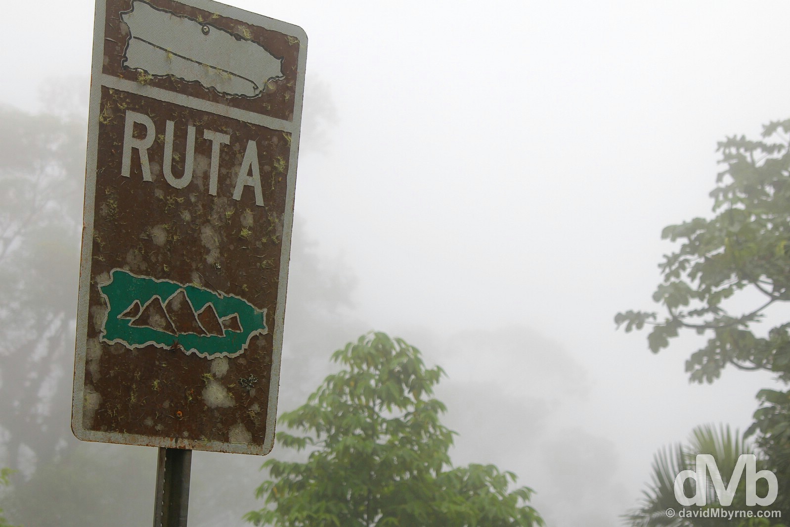 Signage on Ruta Panoramica, central Puerto Rico, Greater Antilles. June 4, 2015. 